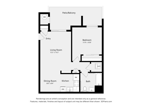 Floor plan for 1 bed, 1 bath, 668 sqft